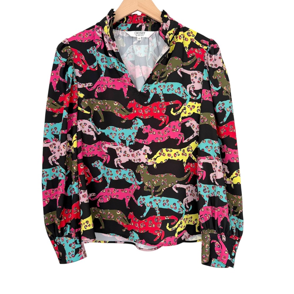 Crosby by Mollie Burch Multicolor Leopard Cheetah Ruffle Neck Blouse XS
